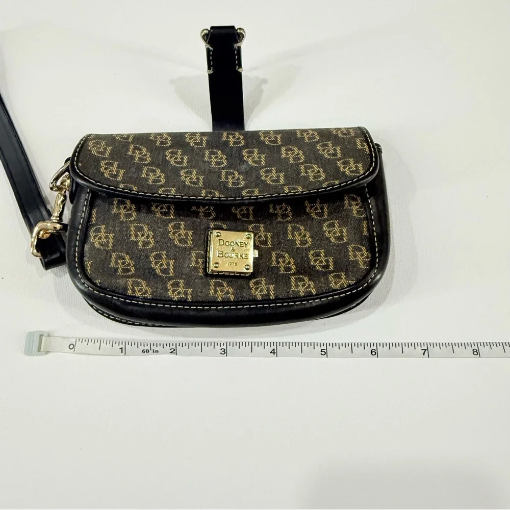Dooney & Bourke Monogrammed Tan and Black Wristlet Clutch
